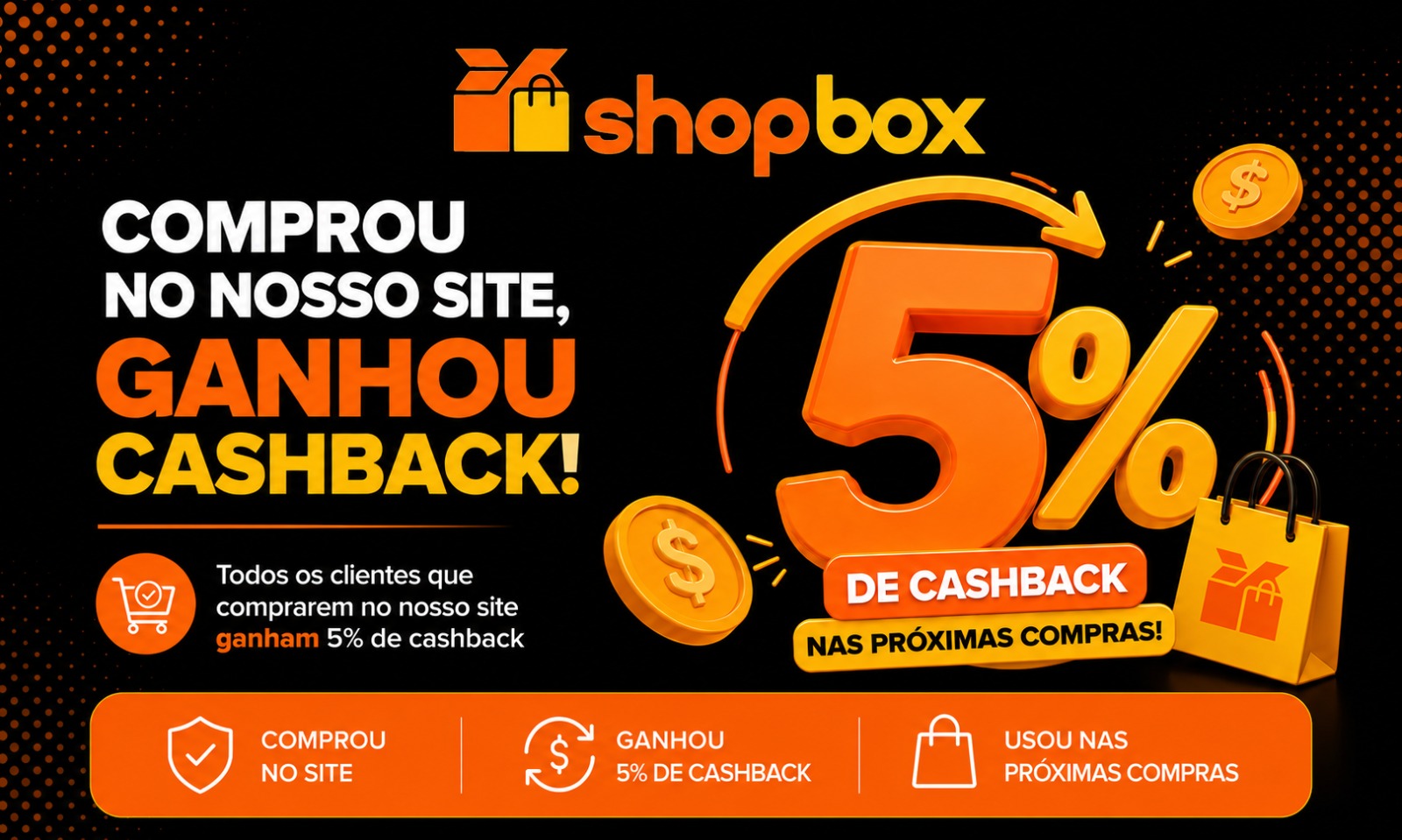 Compre no site e ganhe 5% de cashback para usar nas próximas compras